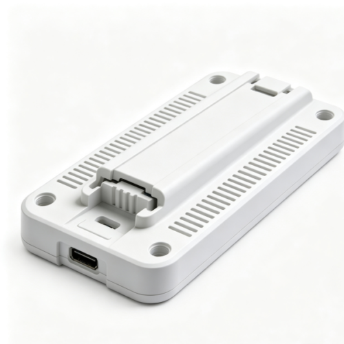 White elongated heat‑dissipating snap‑fit base with parallel cooling ribs, central latch and corner mounting holes