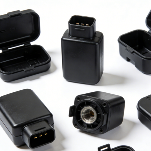 Black plastic OBD connector housing and flip lid enclosure set for automotive electronic modules