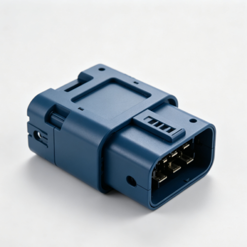 Blue plastic automotive OBD connector housing with locking latch and pin terminal cavity