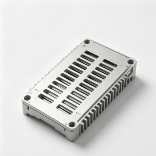 Silver finned heat dissipation electronic enclosure with ventilation slots and corner mounting holes