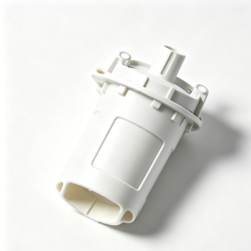 White cylindrical molded plastic pump motor housing with flange mounting lugs