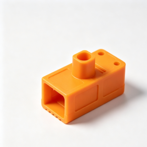 Orange rectangular plastic connector base block with top positioning stud and mounting holes