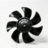 Black eight‑blade molded plastic cooling fan impeller with reinforced central hub