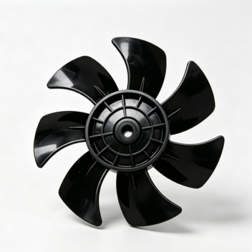 Black eight‑blade molded plastic cooling fan impeller with reinforced central hub
