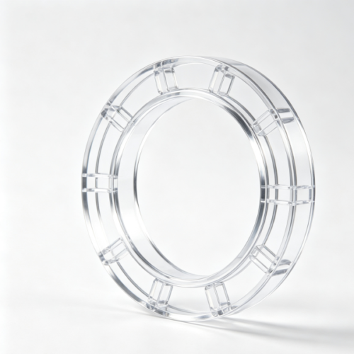 Fully transparent molded circular plastic ring spacer with square circumferential locating slots