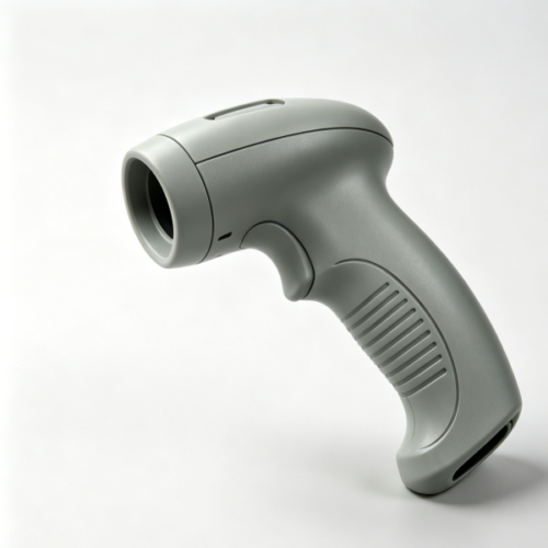 Gray gun-style molded plastic handheld barcode scanner housing with trigger and anti-slip grip ribs