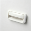 Glossy white rectangular recessed flush pull handle embedded in cabinet drawer sliding door panel