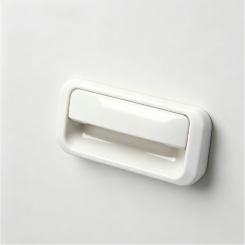 Glossy white rectangular recessed flush pull handle embedded in cabinet drawer sliding door panel