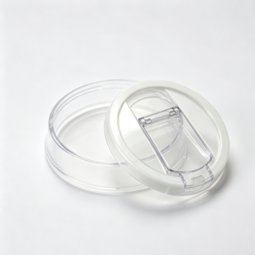 Round clear plastic container with white outer ring and transparent hinged flap lid