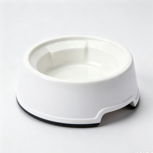 White glossy molded plastic pet feeding bowl with black anti‑slip bottom ring and inner rib structure