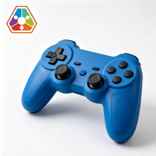 Blue game controller shell with black analog sticks, D-pad and a dotted grip texture on the palm rest
