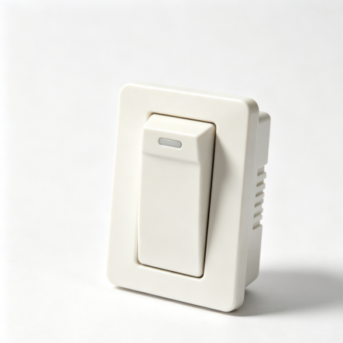 Cream rocker switch with an indicator window in the paddle and a ribbed side wall on the molded body