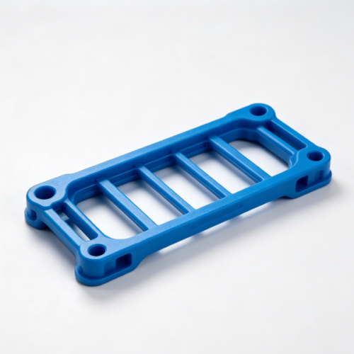 Blue frame bracket with four corner holes, side rails and evenly spaced cross bars between them