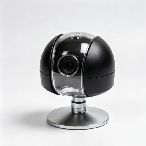 Black dome camera housing with a clear vertical window band over the lens and a knurled collar on a round base