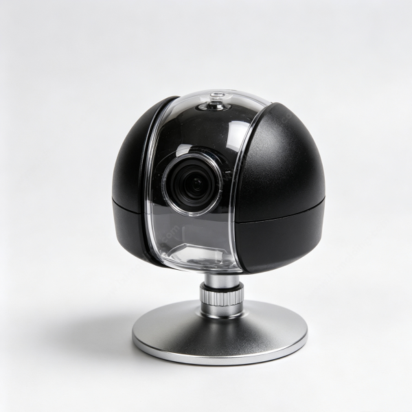 208 Black dome camera housing with a clear vertical window band over the lens and a knurled collar on a round base