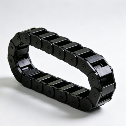 Black cable drag chain links formed into a loop, each link with a round pivot boss and an open window for cables
