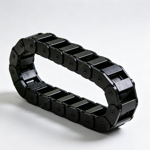 212 Black cable drag chain links formed into a loop, each link with a round pivot boss and an open window for cables