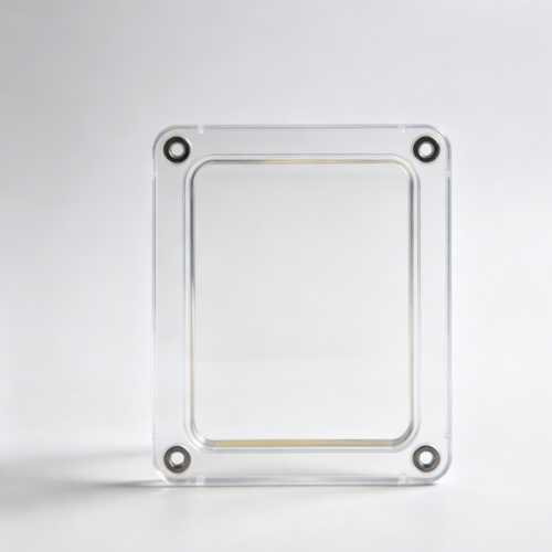 Transparent cover panel with four dark corner bushings and a raised inner window frame