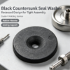 Black countersunk seal washer with a recessed centre bore, shown with a screwdriver, screws and a magnet