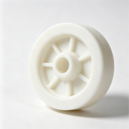 White plastic flanged hub wheel body with central bore and radial ribs, custom injection molded part for conveyor assemblies