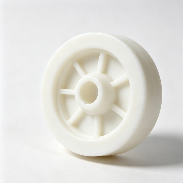 224 White plastic flanged hub wheel body with central bore and radial ribs, custom injection molded part for conveyor assemblies