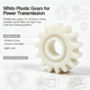 White plastic spur gear shown with miniature drive, actuator assembly and light-load mechanical system drawings