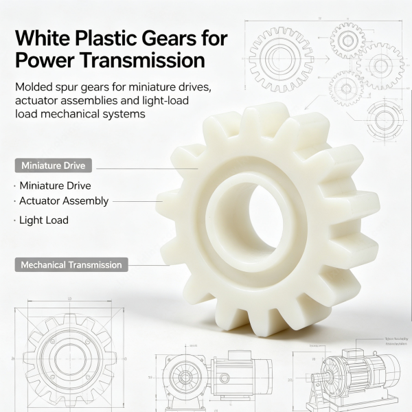 White plastic spur gear shown with miniature drive, actuator assembly and light-load mechanical system drawings