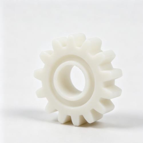 White plastic spur gear with spur tooth profile and central bore, custom injection molded transmission part