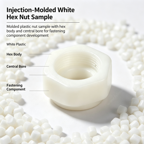 226 (3) Injection molded white hex nut sample with plastic pellets, showing the hex body and central bore for fastening parts