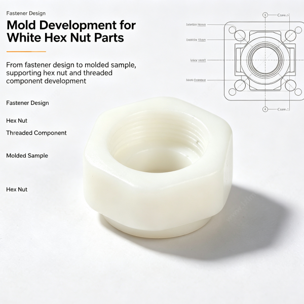 226 (4) Mold development for a white hex nut part, from fastener design to molded sample, hex nut and threaded component