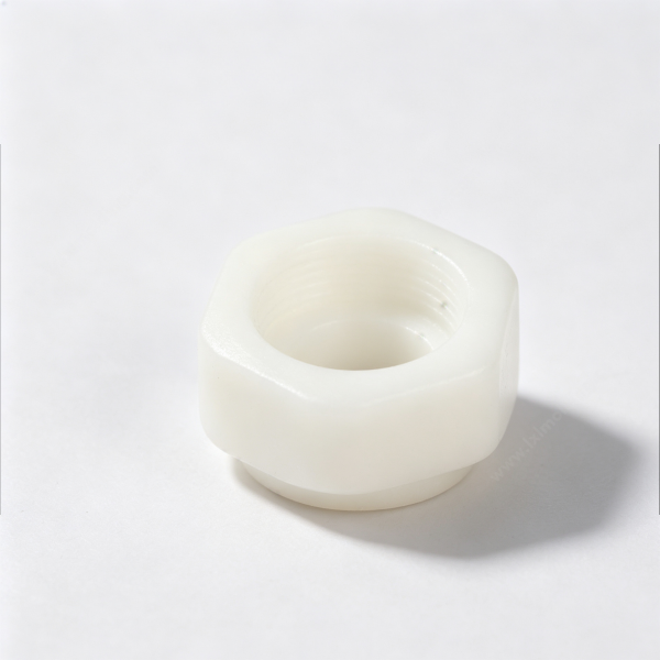 226 White plastic hex nut with hexagonal body, threaded central bore and a wider molded base, custom injection molded part