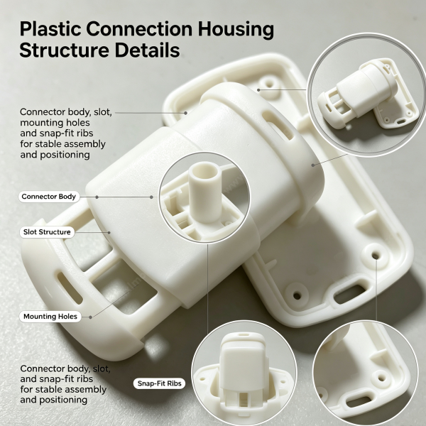 227 (2) Connection housing structure details: connector body, slot structure, mounting holes and snap-fit ribs on a white molded part