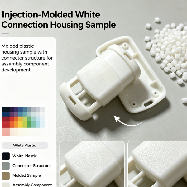 227 (3) Injection molded white connection housing sample with plastic pellets and color swatches for assembly component development