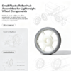 Plastic roller hub assemblies for lightweight wheel components, shown with office equipment and light conveyor drawings