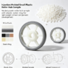 Injection molded small plastic roller hub sample with elastic ring, plastic pellets and color swatches for wheel parts