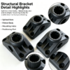 Close-up of a structural plastic bracket showing the splined inner bore, ribbed body and mounting holes in black