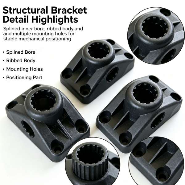 237 (3) Close-up of a structural plastic bracket showing the splined inner bore, ribbed body and mounting holes in black