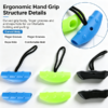 Close-up of an ergonomic hand grip showing the curved body, finger grooves and rope hole in blue and green