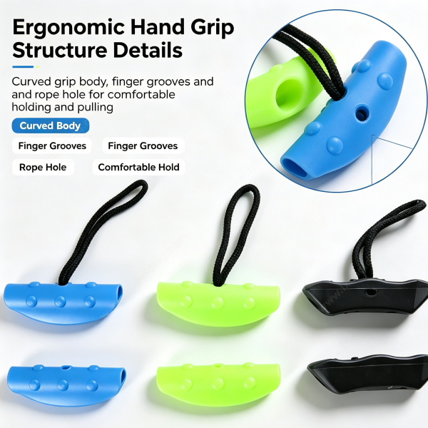 238 (2) Close-up of an ergonomic hand grip showing the curved body, finger grooves and rope hole in blue and green