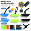 Plastic hand grip samples in blue, green and black with plastic pellets, molded ergonomic grips with a rope hole