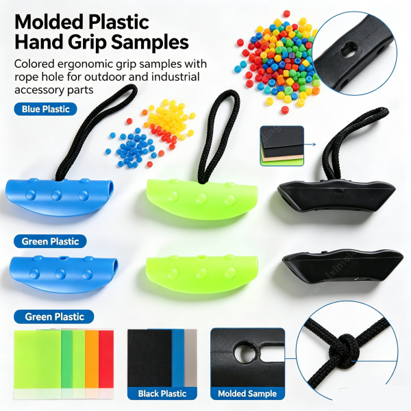 238 (3) Plastic hand grip samples in blue, green and black with plastic pellets, molded ergonomic grips with a rope hole