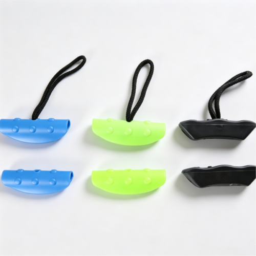 Six molded plastic hand grips in blue, green and black, custom ergonomic rope grips shown in color samples