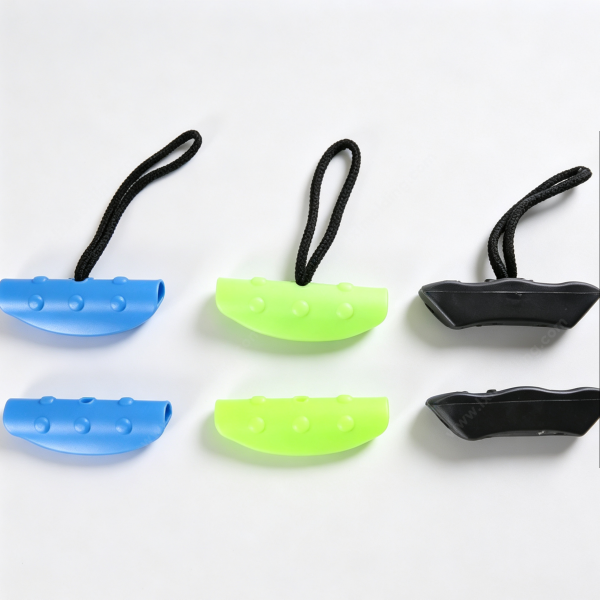 238 Six molded plastic hand grips in blue, green and black, custom ergonomic rope grips shown in color samples