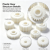 Close-up of a plastic gear showing the tooth profile, center bore and molded texture of the gear blank