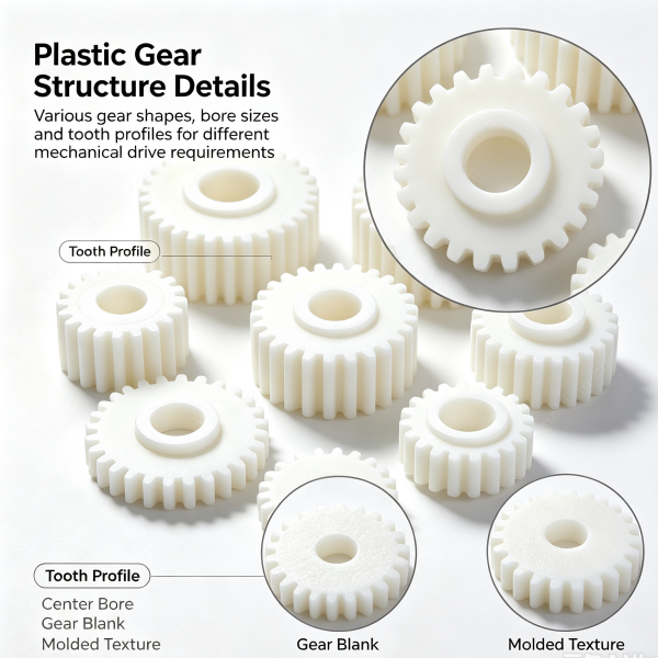 240 (3) Close-up of a plastic gear showing the tooth profile, center bore and molded texture of the gear blank