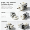 Plastic cams and discs fitted in valve actuators, molded cam drive and disc transmission parts for motion control