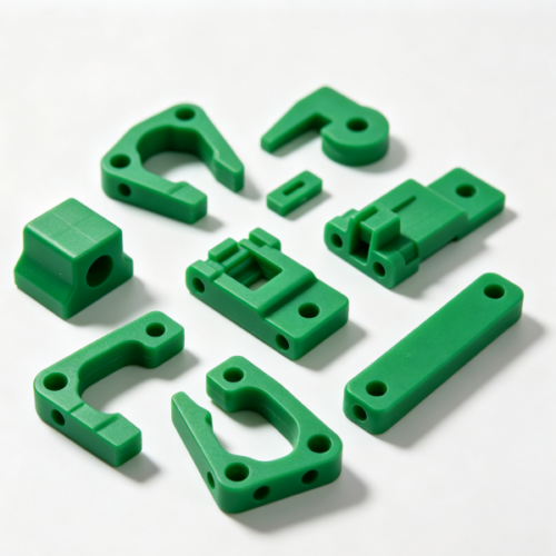Green plastic frame connectors and brackets, custom molded glass filled nylon parts with mounting holes and ribs
