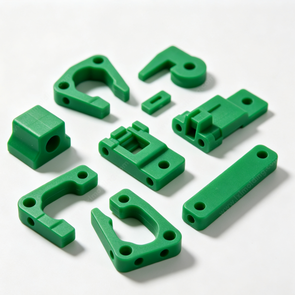 242 Green plastic frame connectors and brackets, custom molded glass filled nylon parts with mounting holes and ribs