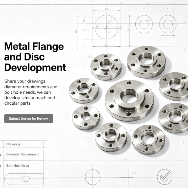 Precision machined metal flanges and discs with bolt holes and center bores, shown as one sample set