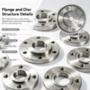 Machined metal flange and disc samples with turned bars and plates arranged around them